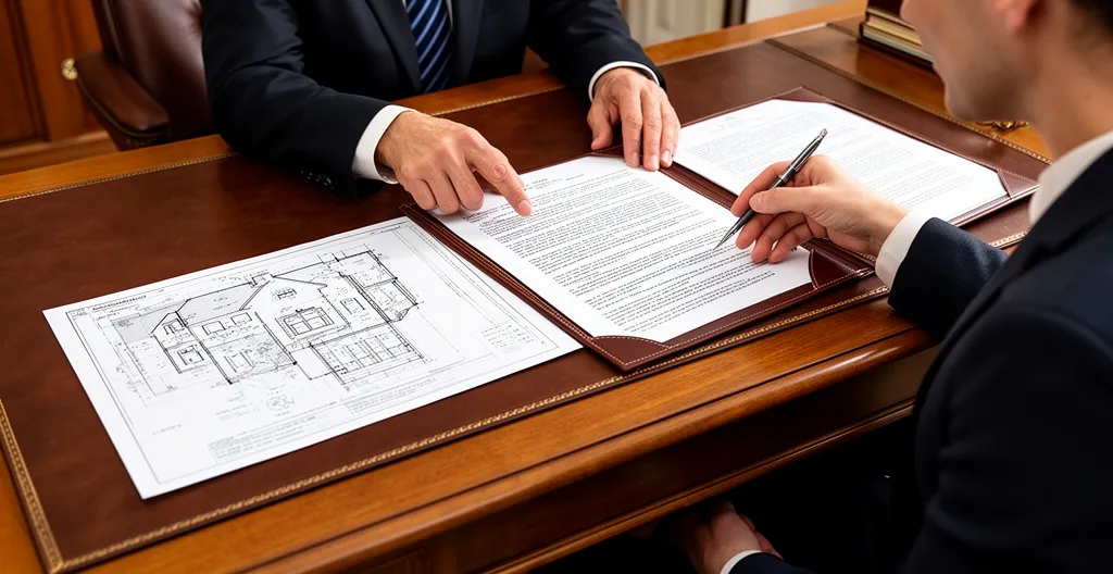 Notaire et client relisant des clauses de legs immobilier avec plan d'appartement et clés