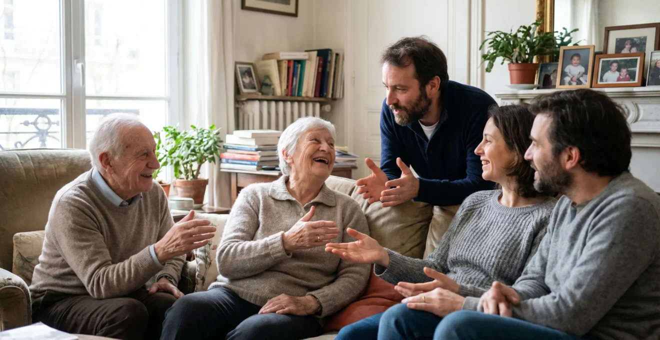 Famille multigénérationnelle française discutant transmission patrimoine dans salon