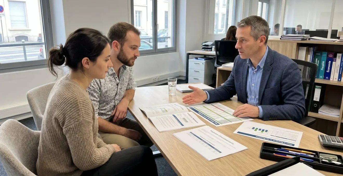 Jeune couple vu de trois-quarts consultant des documents avec un conseiller dans un bureau moderne lumineux