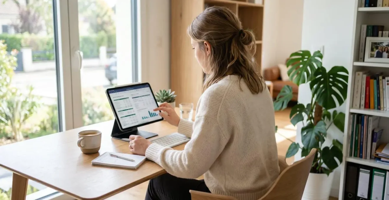 Une femme vue de dos consulte des graphiques financiers sur sa tablette dans un bureau lumineux avec plante verte en arrière-plan