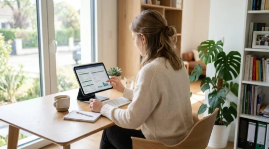 Une femme vue de dos consulte des graphiques financiers sur sa tablette dans un bureau lumineux avec plante verte en arrière-plan