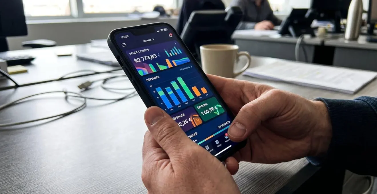 Gros plan sur des mains tenant un smartphone affichant une interface bancaire floue, posé sur une table de café moderne