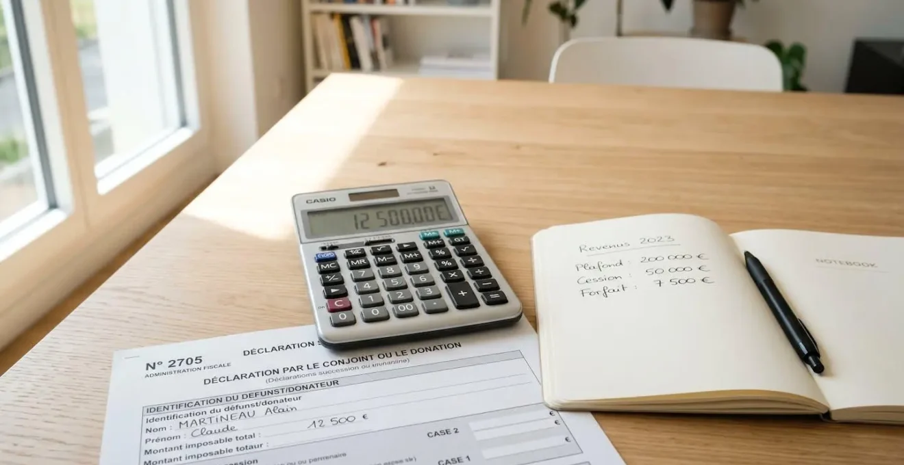 Calculatrice, formulaire fiscal 2705 et carnet de notes avec montants manuscrits sur un bureau en bois clair
