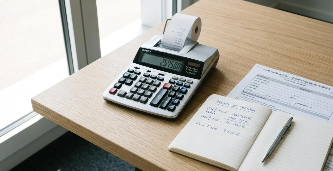 Calculatrice, formulaire fiscal 2705 et carnet de notes avec montants manuscrits sur un bureau en bois clair