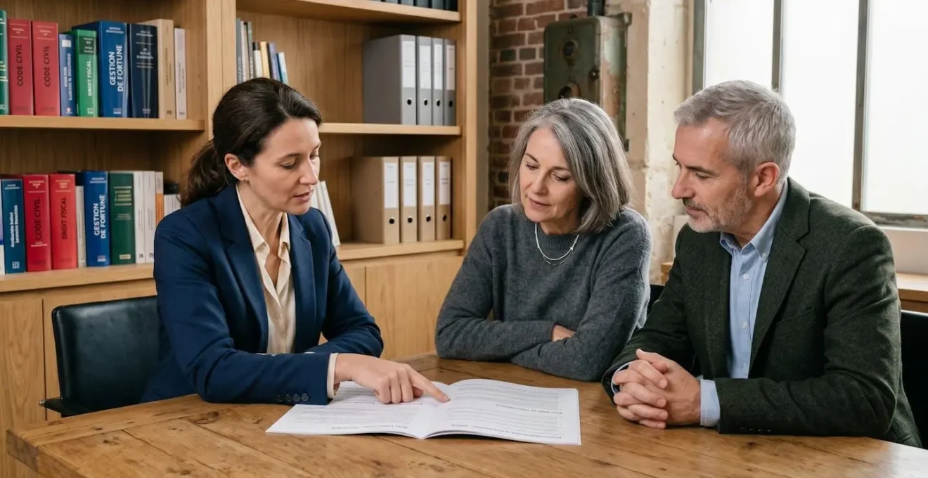 Conseillère en gestion de patrimoine expliquant un document à un couple d'héritiers autour d'une table de réunion