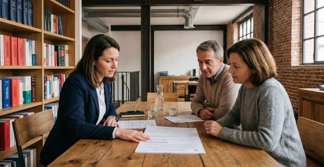 Conseillère en gestion de patrimoine expliquant un document à un couple d'héritiers autour d'une table de réunion