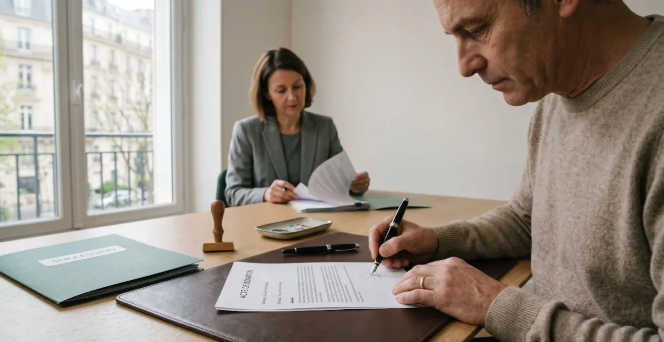 Mains d'une personne signant un document de donation dans un bureau notarial contemporain, avec notaire consultant un dossier en arrière-plan