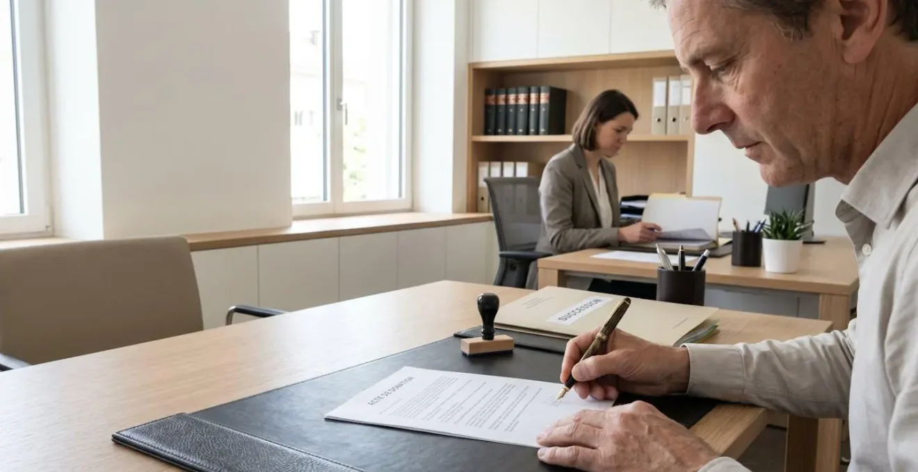 Mains d'une personne signant un document de donation dans un bureau notarial contemporain, avec notaire consultant un dossier en arrière-plan
