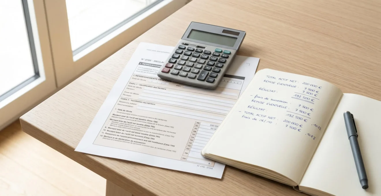 Calculatrice, formulaire fiscal 2705 et carnet de notes avec montants manuscrits sur un bureau en bois clair