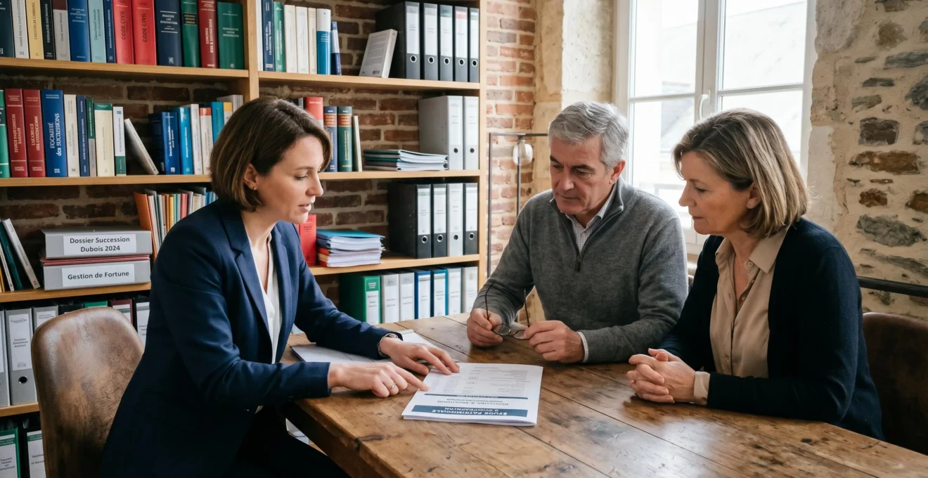 Conseillère en gestion de patrimoine expliquant un document à un couple d'héritiers autour d'une table de réunion