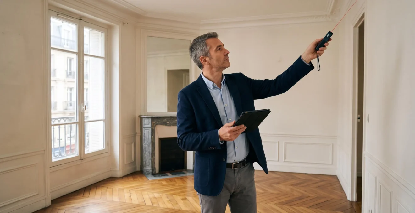 Agent immobilier effectuant l'évaluation d'un appartement résidentiel français lors d'une inspection