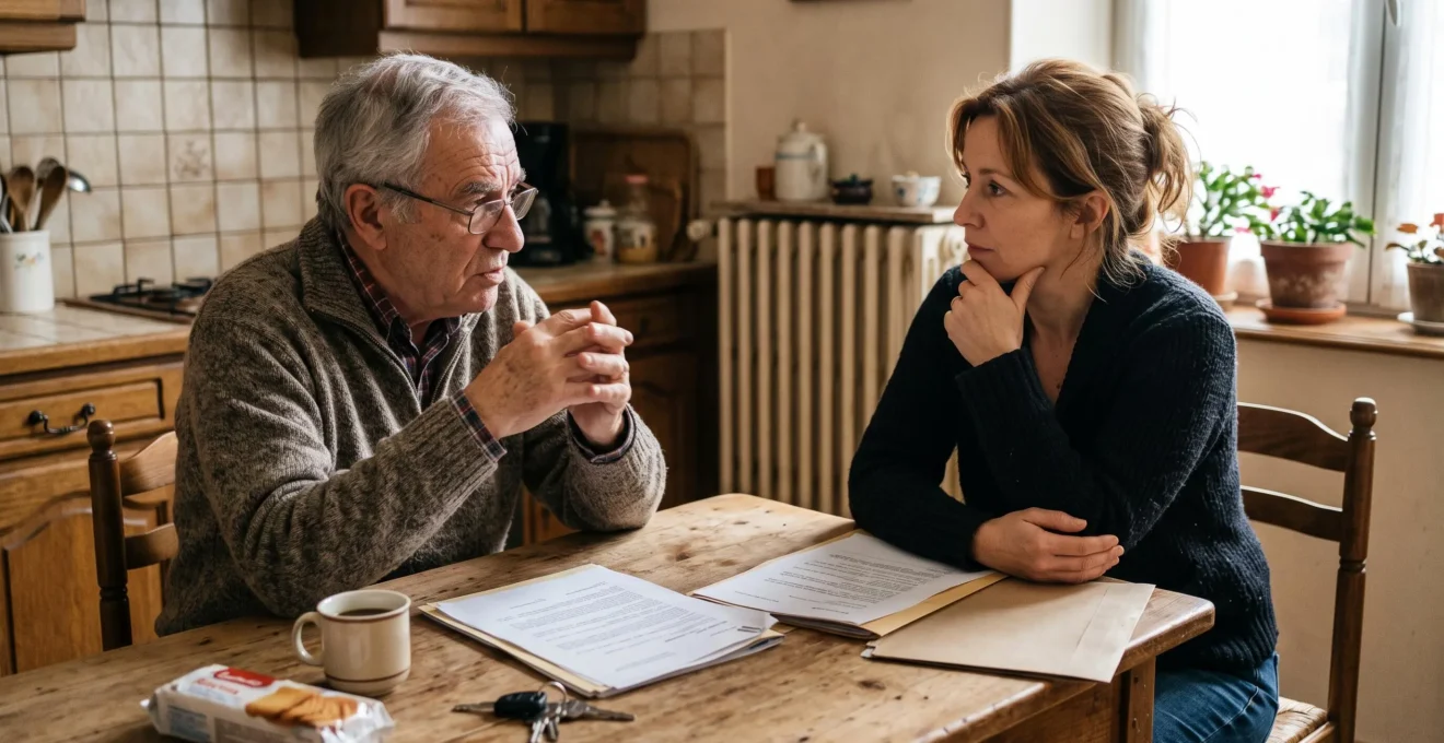 Discussion sérieuse entre deux générations à table dans un intérieur domestique français concernant une transmission patrimoniale