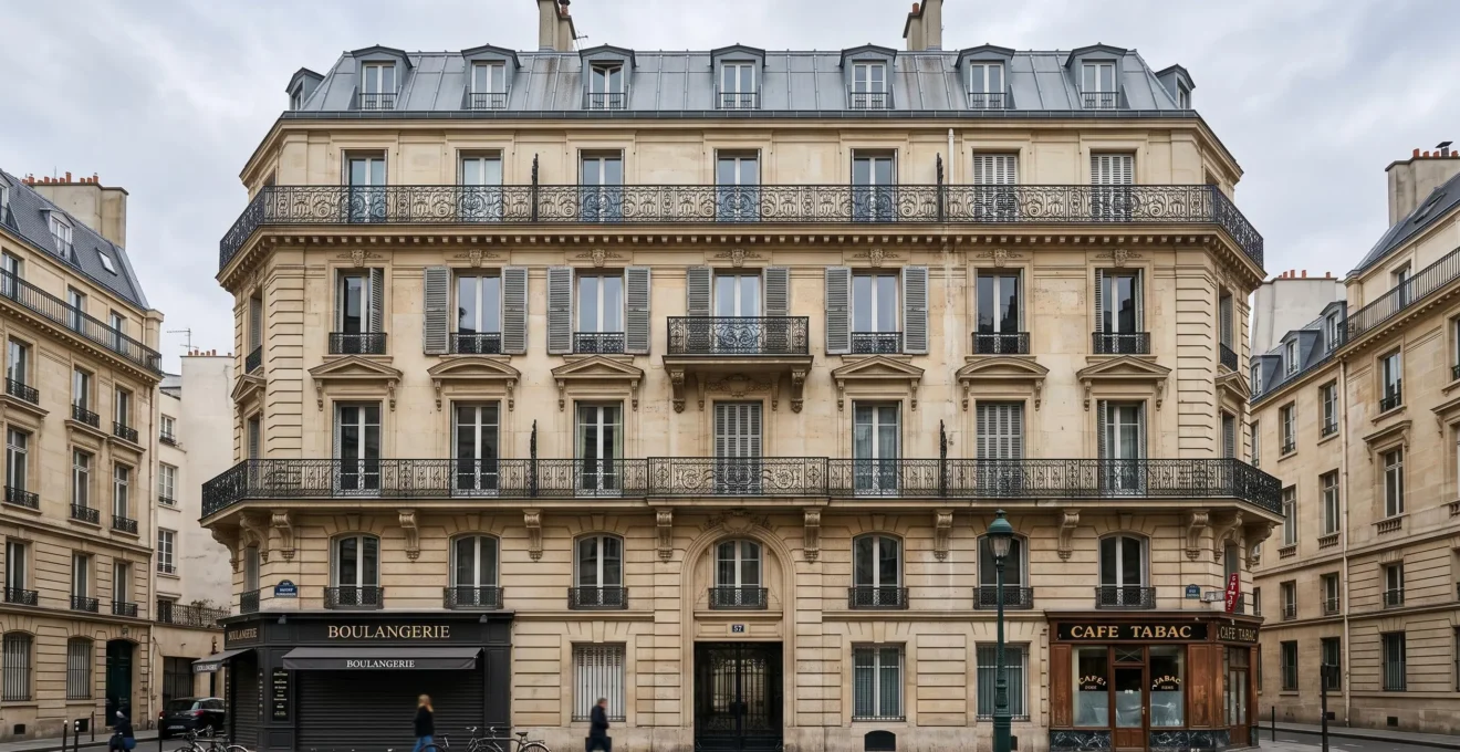 Façade d'immeuble résidentiel français typique avec pierre de taille et fenêtres à volets