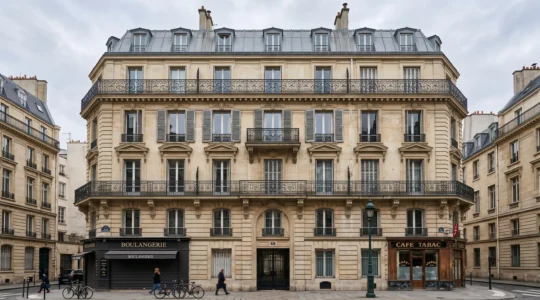 Façade d'immeuble résidentiel français typique avec pierre de taille et fenêtres à volets