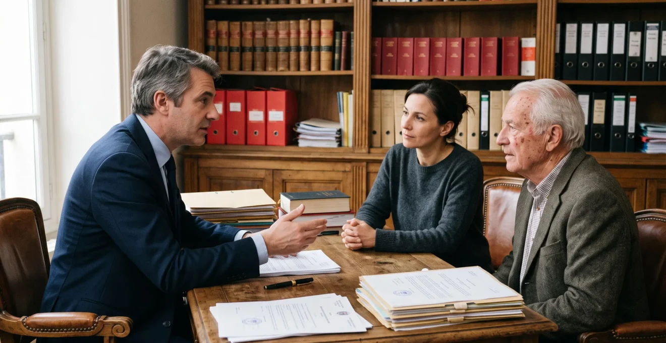 Réunion de consultation entre notaire et clients de deux générations dans une étude notariale française